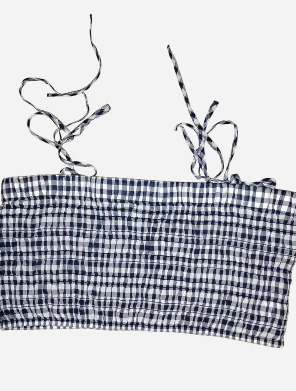 J.Crew Smocked Gingham Tie-Strap Crop Top - Navy / White - Size Small